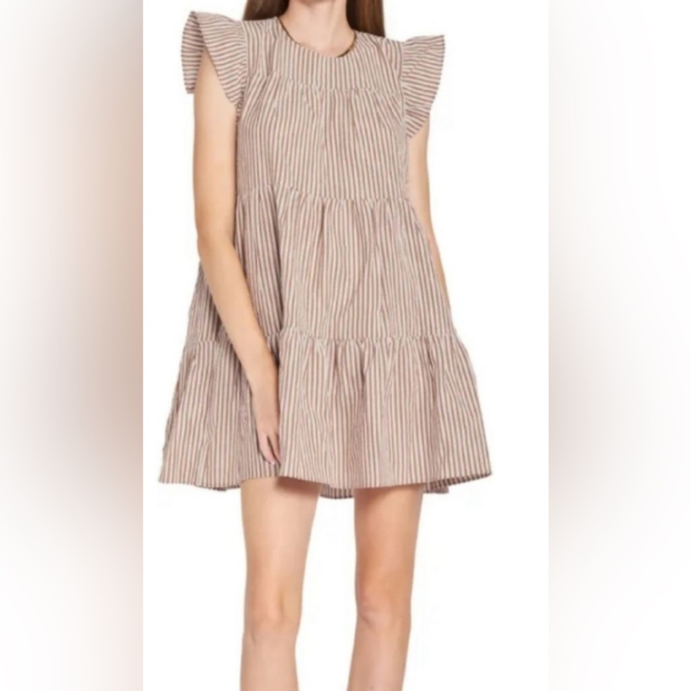 En Saison Striped Tiered Ruffle Babydoll Mini Dress Brown White Flutter Sleeve